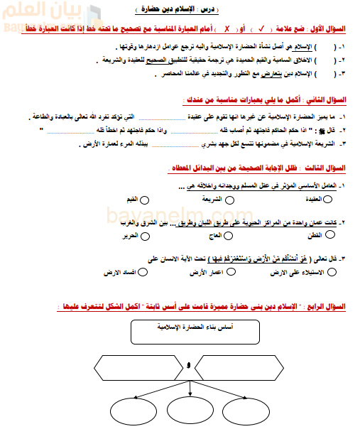 بنك اسئلة للوحدة الثالثة لمادة التربية الاسلامية للصف العاشر الفصل الدراسي الثاني