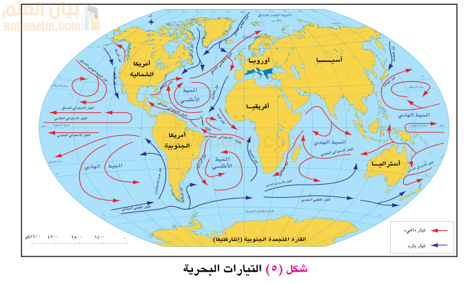 خريطة تمثل التيارات البحرية
