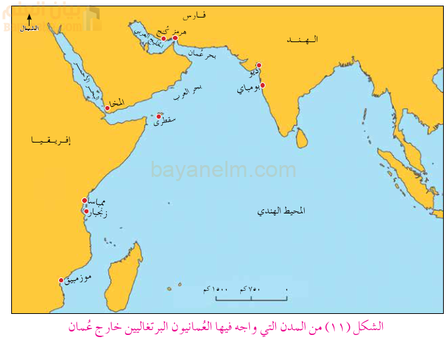 خريطة للمدن التي واجه فيها العمانيون البرتغاليون خارج عمان زمن اليعاربة