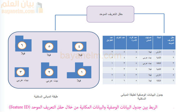 الربط بين جدول البيانات الوصفية والبيانات المكانية من خلال التعريف الموحد (Feature ID)