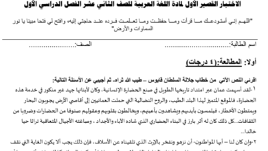 نموذج الاختبار القصير الاول لمادة اللغة العربية للصف الثاني عشر الفصل الدراسي الاول المنهج العماني