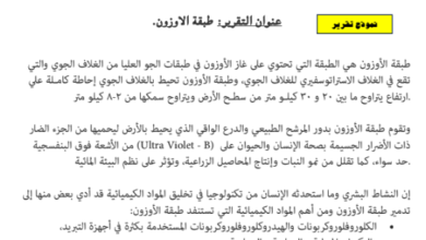 تقرير عن طبقة الاوزون لمادة العالم من حولي للصف الثاني عشر الفصل الدراسي الاول
