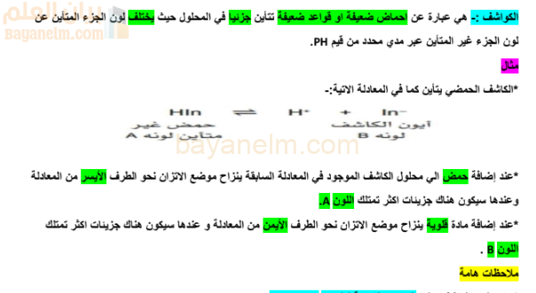 ملخص وشرح الكواشف لمادة الكيمياء للصف الثاني عشر الفصل الدراسي الاول لمنهج سلطنة عمان