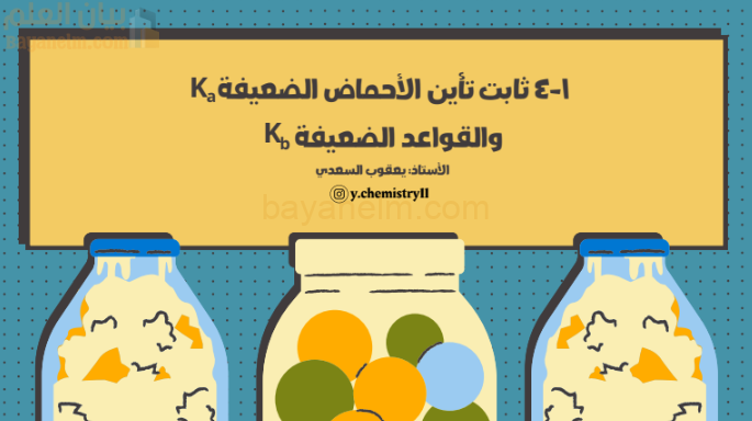 عرض تقديمي لشرح درس ثابت تأين الاحماض الضعيفة والقواعد الضعيفة لمادة الكيمياء للصف الثاني عشر الفصل الدراسي الاول