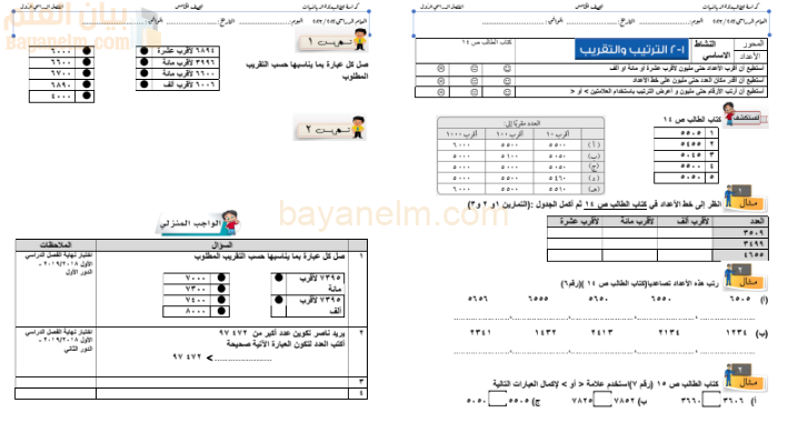 انشطة لدرس الترتيب والتقريب لمادة الرياضيات للصف الخامس الفصل الدراسي الاول المنهج العماني